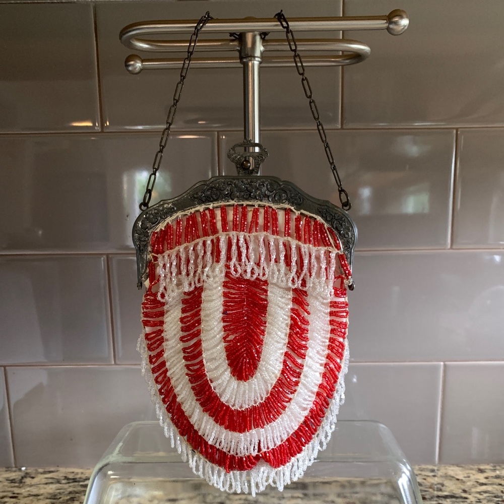 1920s Red & White Candystripe Beaded Flapper Purse